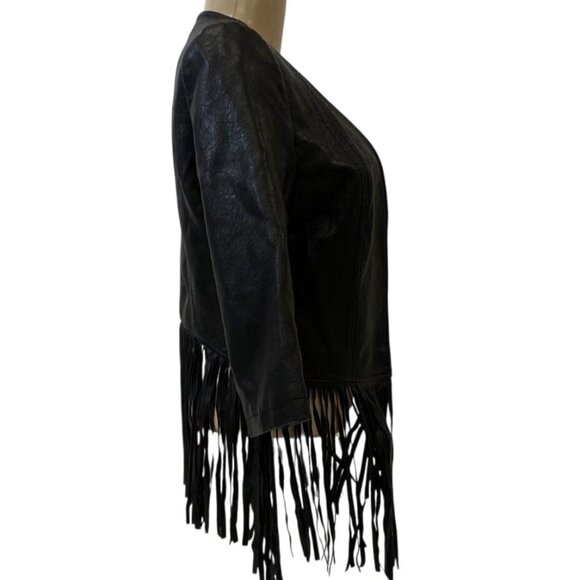 Glamorous S/M Jr Black Fringe Faux Leather Jacket Open Front 3/4 Sleeve RL10436 - Picture 11 of 11